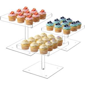 3Pc Acrylic Dessert Table Display Stands Set, Clear Dessert Stand, Buffet Risers Holder for Cupcakes Desert Pastry Food Treat Tier Cookie Serving Trays Stand for Wedding Birthday Baby Shower Tea Party
