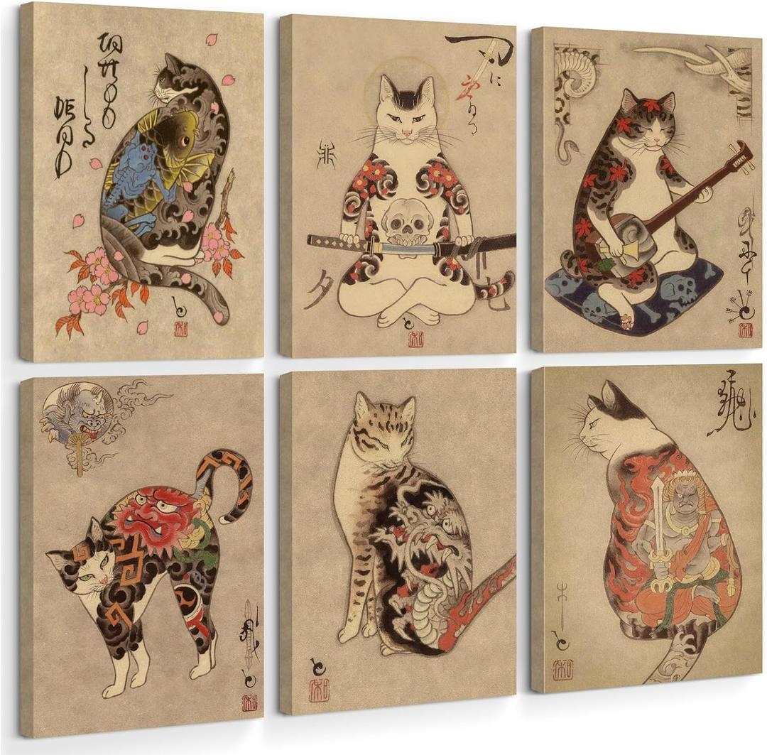 Japanese Cat Wall Art Samurai Cat Canvas Poster Anime Wall Decor Asian Prints Japan Painting Japanese Home Poster Tattoo Fantasy Artwork Funny Pictures for Living Room Bedroom 8x10 Inch Ready to Hang