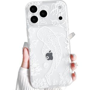 NITITOP Compatible with iPhone 17 Pro Case Clear Cute Shell Whale Sea Ocean Animal Pattern for Women Girls Full Camera Lens Slim Shockproof Protective Phone Cover - White Fish