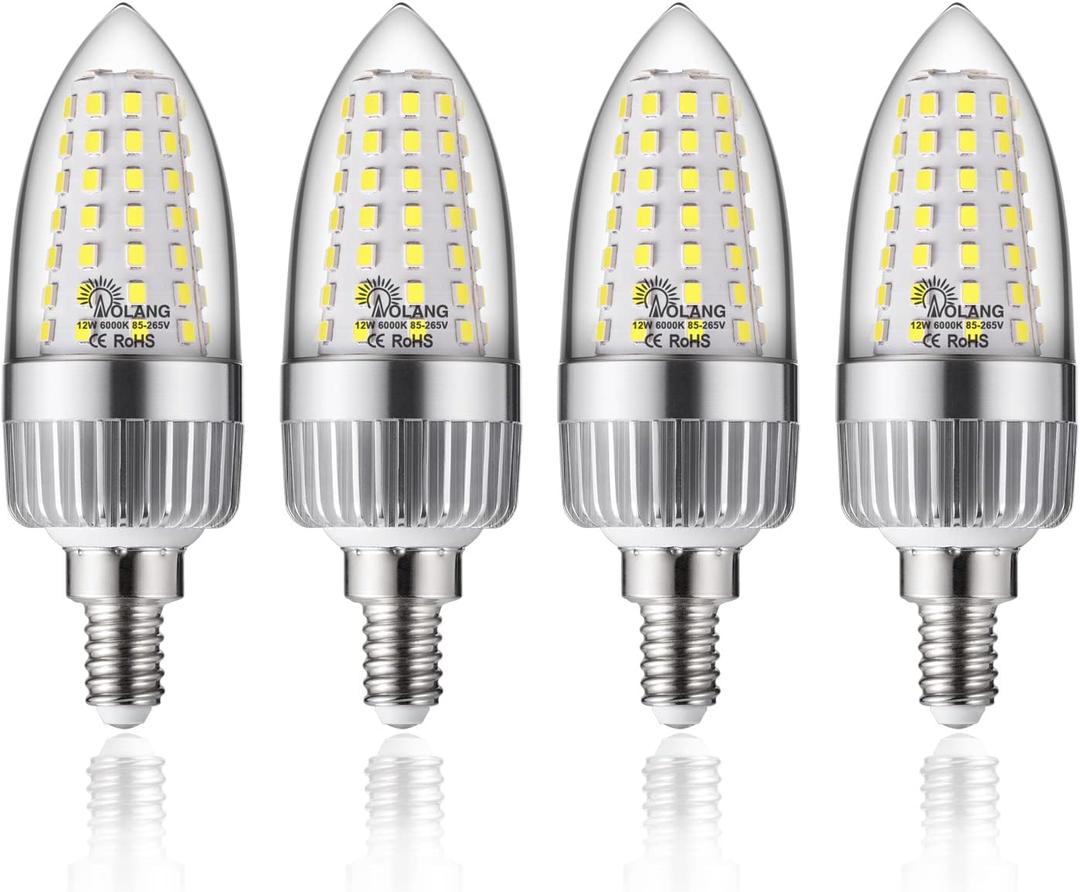 E12 LED Candelabra Bulb, 12W LED Candle Bulbs,100-Watt Light Bulbs Equivalent, Daylight White 6000K Chandelier Bulbs, E12 Candelabra Base, 85V-265V, 1200Lumens, Non-Dimmable (4 Pack)