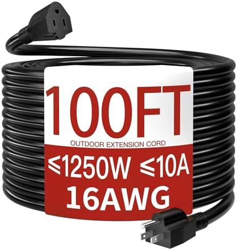 100 Ft Outdoor Extension Cord Waterproof, Weatherproof & Flame Retardant Heavy Duty Black 3 Prong Power Cord Outside for Lawn & Garden, 10A 1250W 125V 16AWG SJTW, ETL Listed