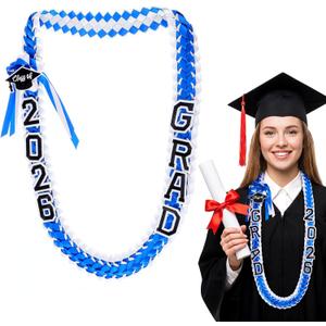 Graduation Lei 2026, Blue Double Strand Ribbon Lei | Handwoven, Decorated with Letters, Wreath & Graduation Cap, High School & Graduation ceremonies, DIY Decors Party Supplies