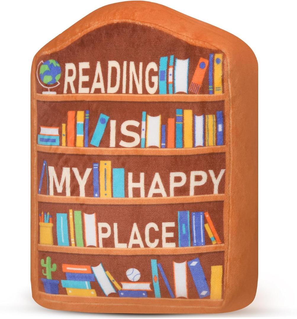 Thyle Book Lovers Gifts Plush, Bookshelf Plushie Book Buddy for Bookish Lovers, Reading is My Happy Place Bookshelf Plush Pillow Valentines Day Gifts for Reading Lover Bookish