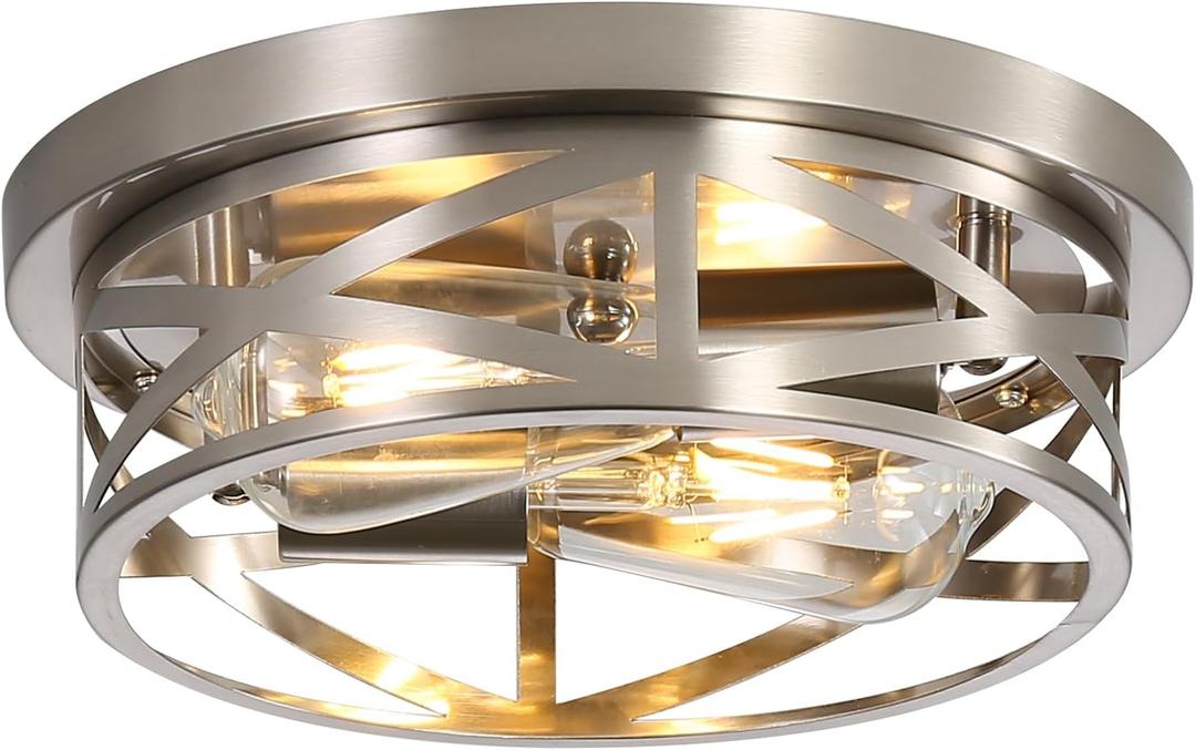 Close to Ceiling Light Fixtures, 2-Light Brushed Nickle Flush Mount Ceiling Light, 11 Inch Metal Cage Cross Modern Indoor House Ceiling Lights for Kitchen Bedroom Living Room Foyer Hallway Office (Silver)