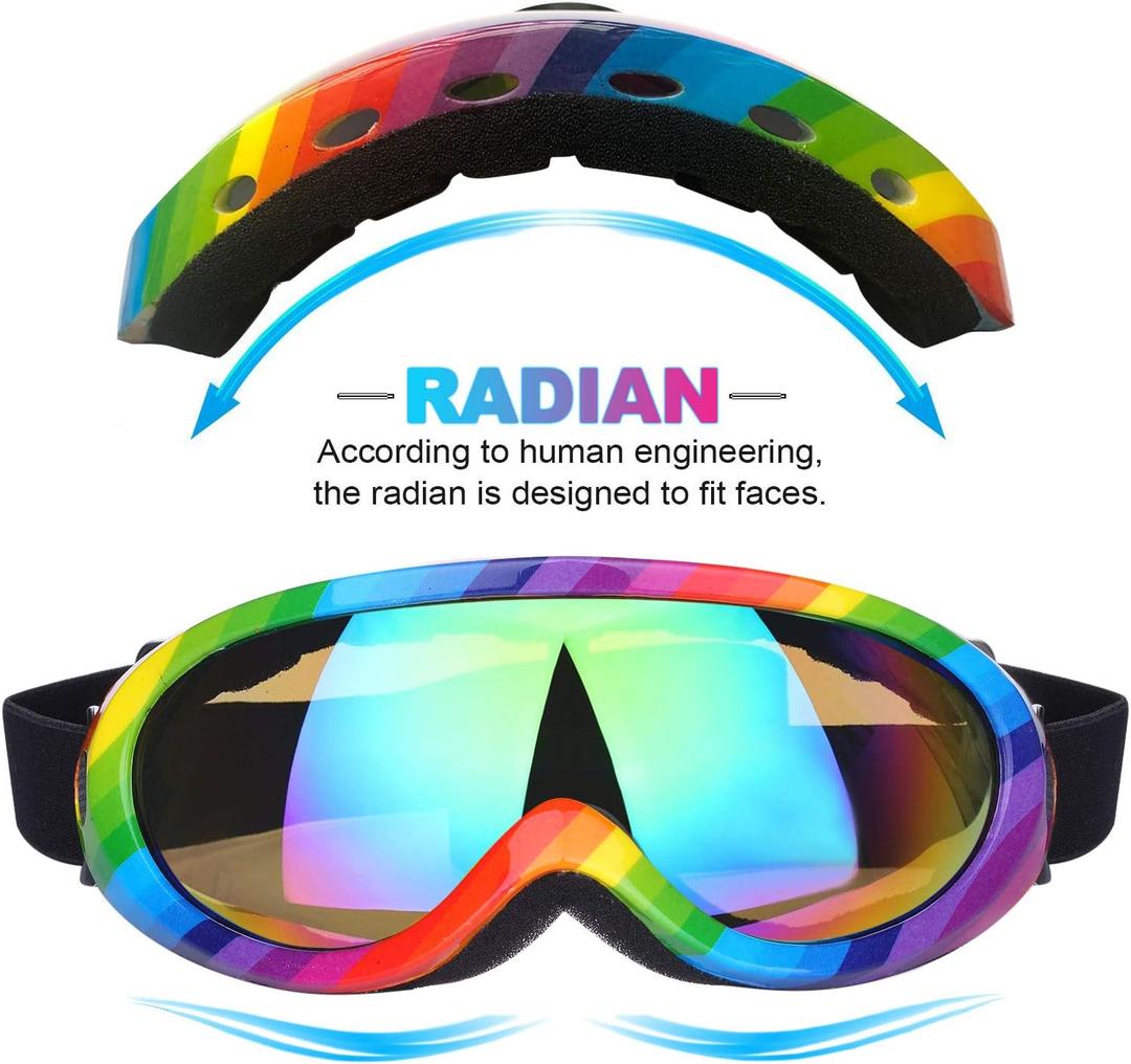 Kids Ski Goggles, Snowboard Goggles for Adult Youth Teens Boys & Girls, Winter Snow Sports Goggles, Rainbow Frame + Colorful Lens
