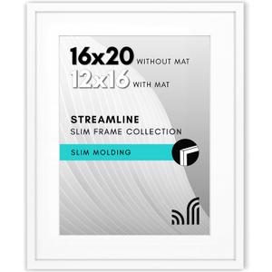 Americanflat 16x20 Picture Frame with Polished Plexiglass - Use as 12x16 Frame with Mat or Display 16x20 Photo Without Mat - Streamline Collection - Thin Border Picture Frames for Wall - White