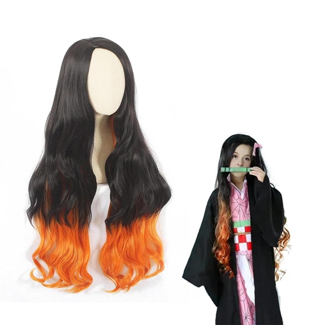 Nezuko Wig for Kids Kamado Cosplay Heat Resistant Hair with Cap Halloween Costume Wigs