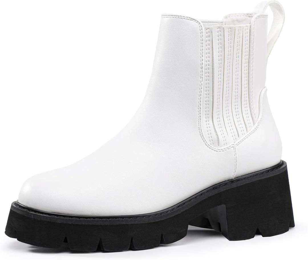 IDIFU IN2 Women's Chelsea Boots Platform Low Block Chunky Heeled Ankle Boots Round Toe Lug Sole Slip On Dress Boots Fall Work Dressy Comfortable Fashion Casual Short Booties Shoes (7, White Pu)