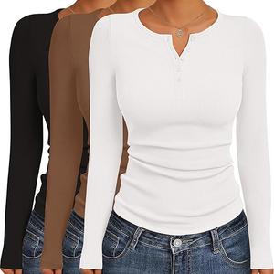 Ekouaer Women's Long Sleeve Shirts 3 Packs Henley Button Down Tops Ribbed Slim Fit Base Black, Brown, White XL