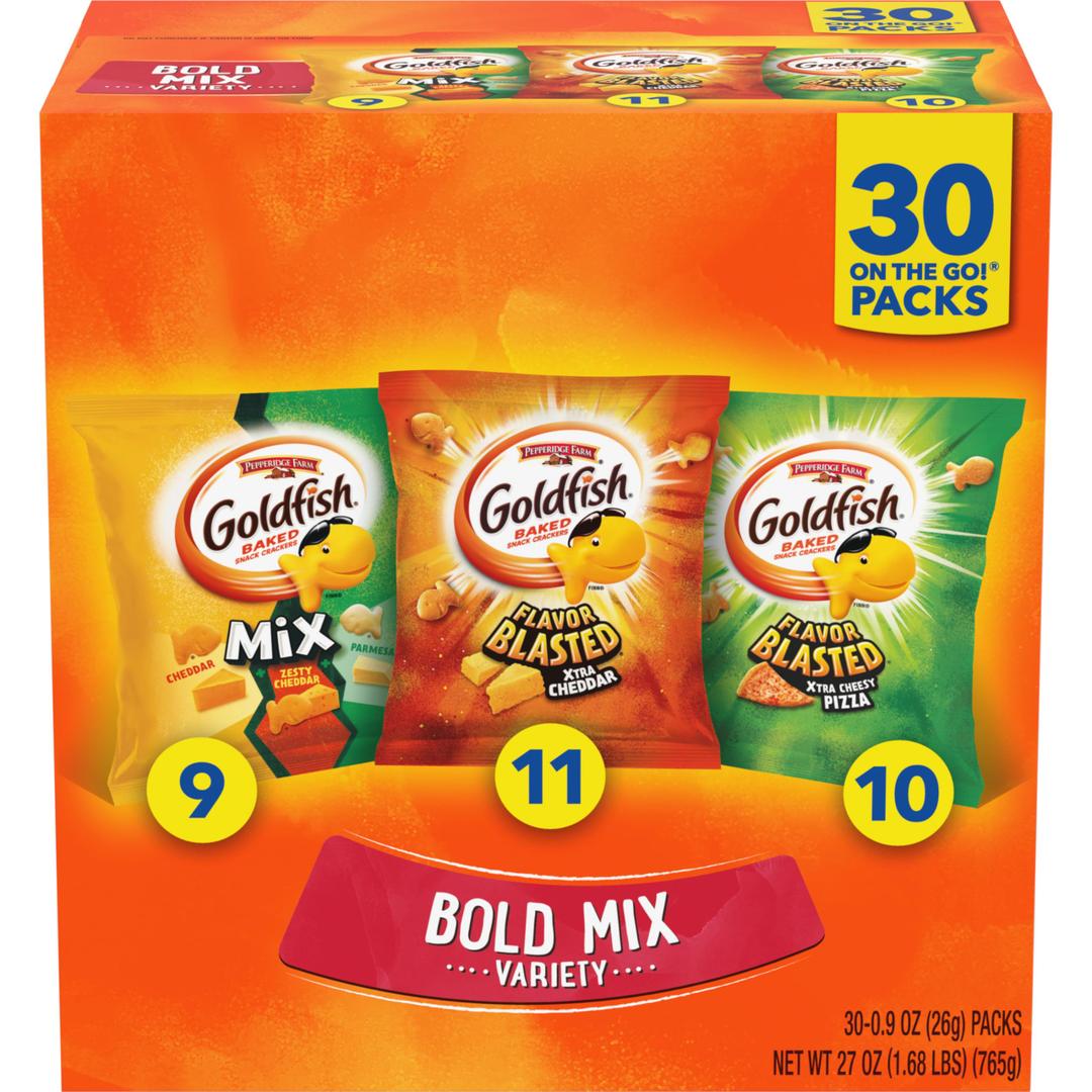 Goldfish Bold Mix Variety Pack Snack Crackers, 1 oz Snack Packs, 30 Ct Box Exp. 09/02/2026