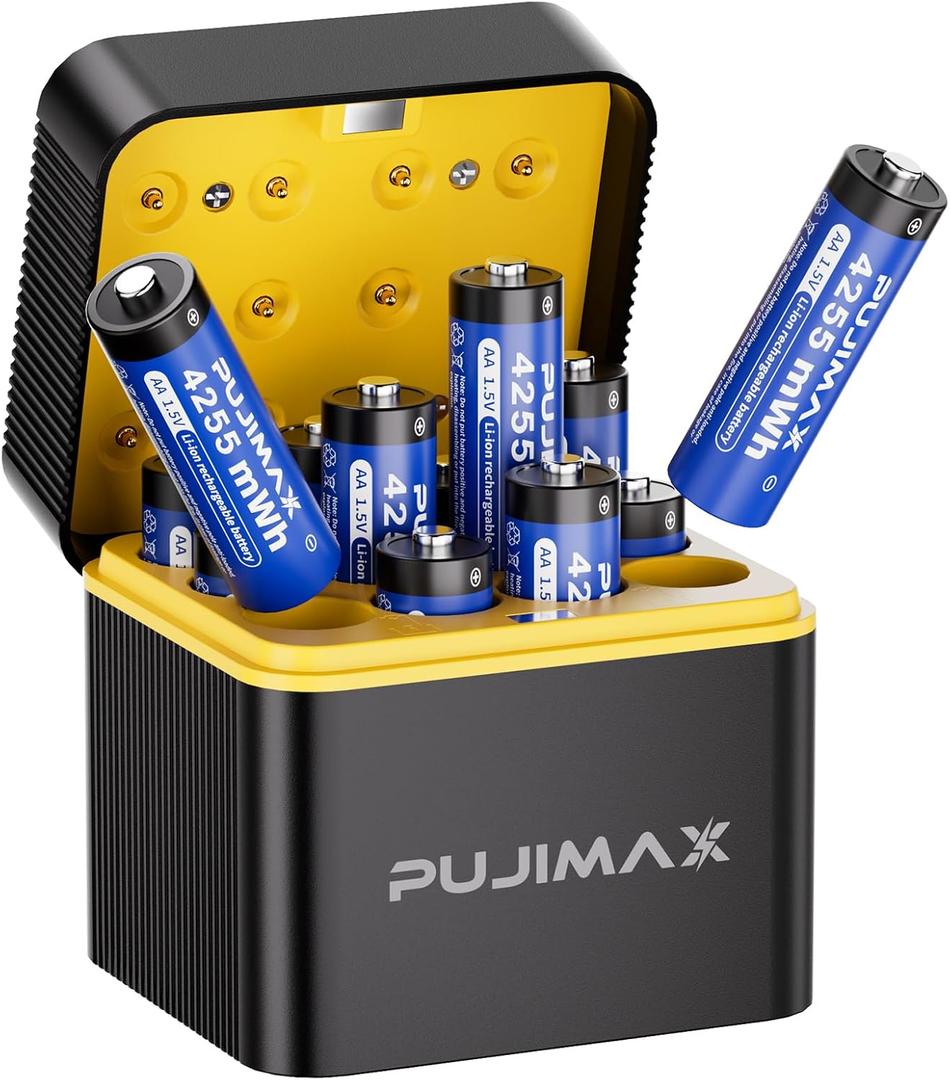 PUJIAMX Rechargeable AA Batteries Lithium 4255mWh with ChargerHigh Capacity 1.5V Double a Batteries,2000+ Cycle aa Battery Cells for Remote Controls,Game Controllers,Toys,Flashlights,12-Pack
