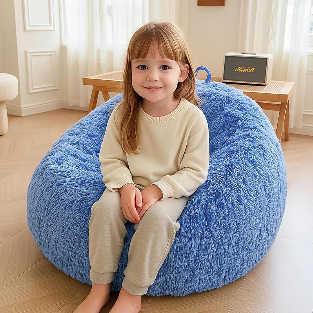 XeGe Kids Fluffy Faux Fur Bean Bag Chair Cover (No Filler), Soft Furry Stuffed Animal Storage Bean Bag Cover Home Decoration, Shaggy Fuzzy Beanbag Shell for Kids Teens Girls, Ombre Cobalt Blue (Small(28"x28"x32"))
