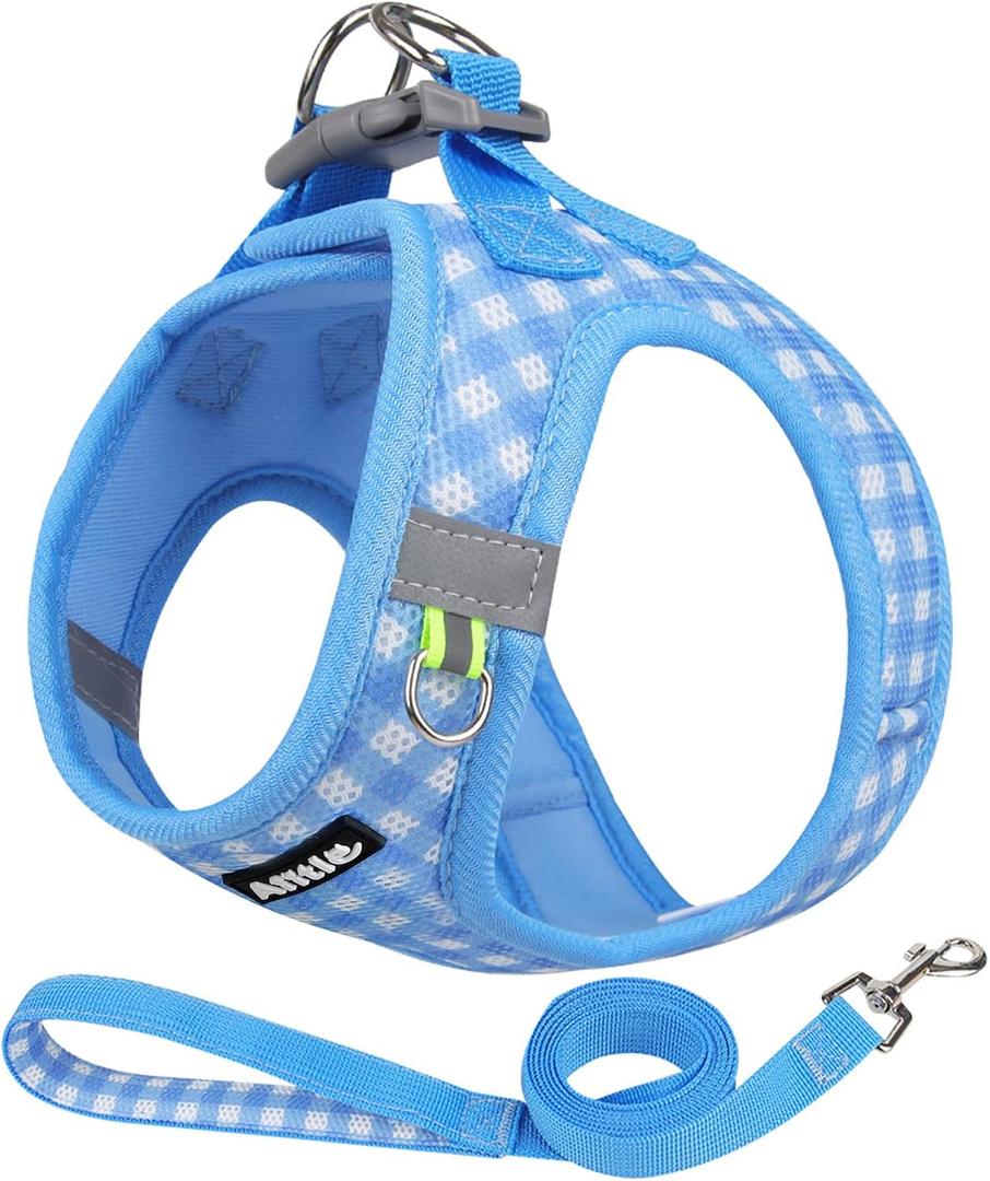 AIITLE No-Pull Pet Harness with a Leash, Plaid Comfort Padded Vest, Step in Dog Harness, Reflective Bands, Soft Breathable Pet Supplies, for Dogs and Cats Blue, S