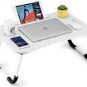 Foldable Laptop Table, Portable Lap Desk Bed Table Tray, Laptop Stand with Cup Holder & Tablet Slot & Lifting Handle for Working Writing Drawing & Eating (White)