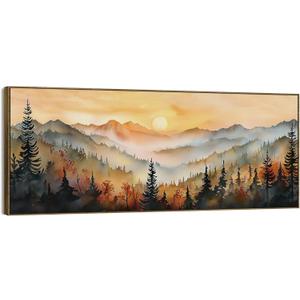 TLESKE Vintage Orange Boho Fall Sun Sunset Landscape Large Wall Art Decor Framed 15x40, Autumn Rustic Farmhouse Canvas Wall Art Print for Bedroom Living Room, Mountain Forest Wall Artwork Picture