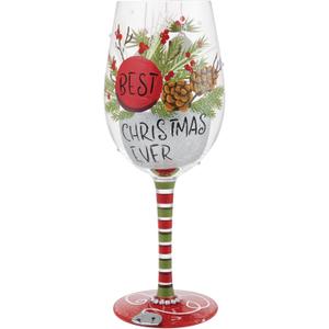 Enesco Lolita Best Christmas Ever Holly and Pinecones Hand-Painted Artisan Wine Glass, 15 Ounce, Multicolor