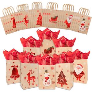 Liwidon Christmas Gift Bags, 24 PCS Xmas Kraft Paper Bag with Handles Small Christmas Gift Bags with Tissue Paper 6 Assorted Xmas Designs Goodie Bags for Wrapping Gifts Party Favors Holiday Decor (1 Count (Pack of 1), combination 1)