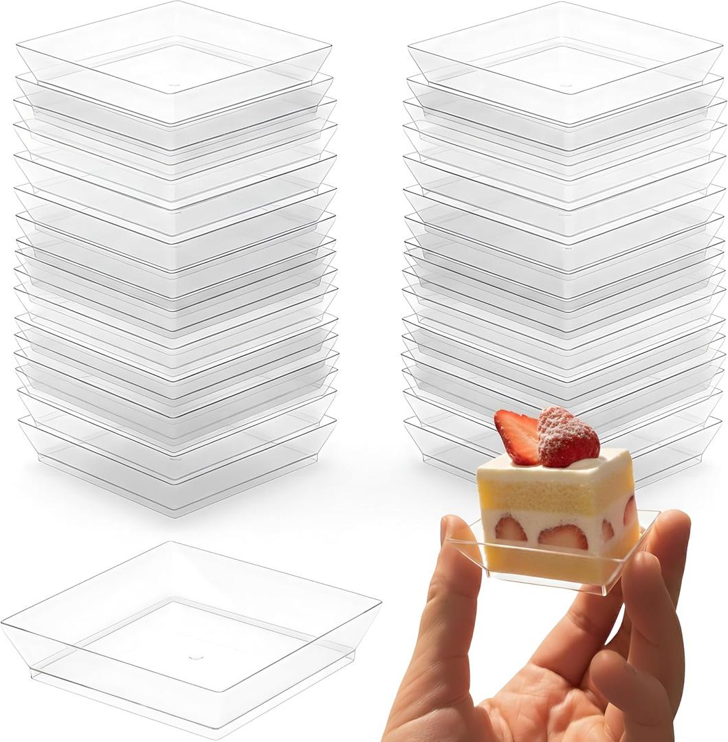Bluesky Trading MiniWare Clear Plastic Square Plate(Pack Of 50)- 2" x 2" x .5" -Elegant Design, Perfect Party Essentials Of Appetizers, Desserts & Small Bites For Parties, Receptions & Catering Events
