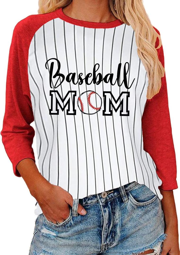 Womens 3/4 Sleeve Red Baseball Shirt for Mom Crewneck Patchwork Raglan Striped Print Baseball Tees  (L)