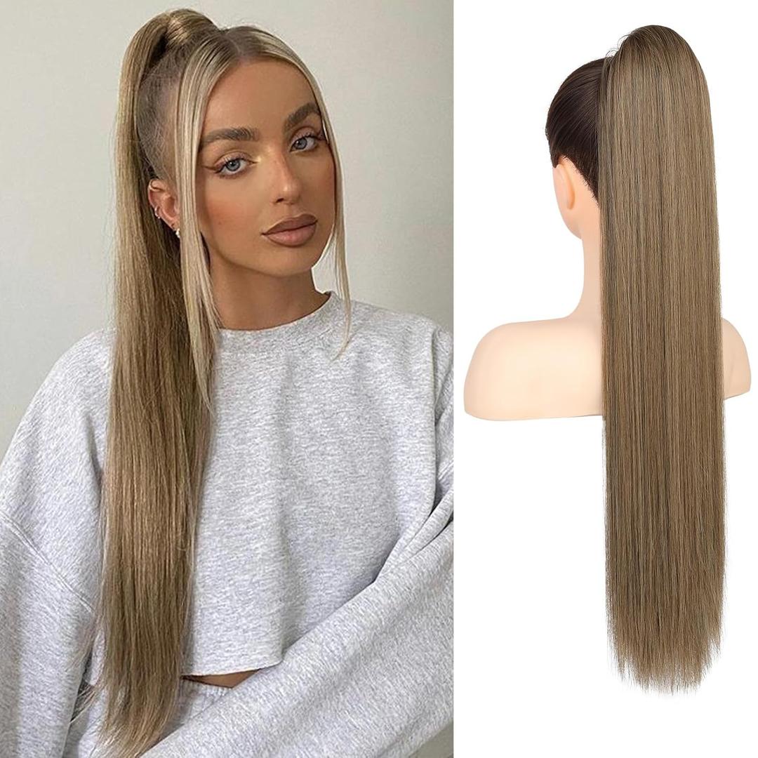 Flufymooz ponytail extension, 26 Inch Long Straight Drawstring Ponytail Synthetic Hairpieces Fake Pony Tails Natural Soft Clip in Hair Extension Pony Tail for Women (Dark Ash Blonde with Highlights)