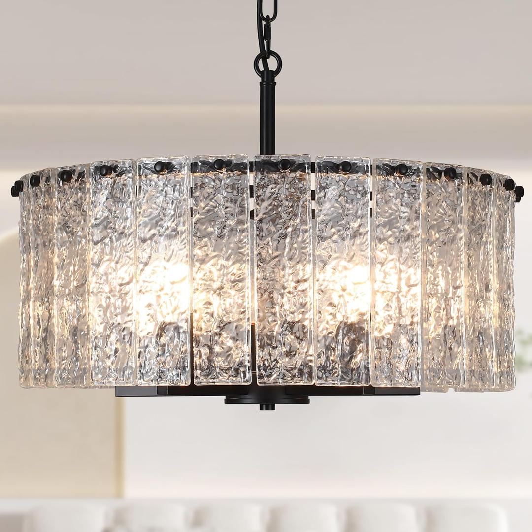 Modern Black Chandelier for Dining Room Luxery Water Ripple Glass Chandelier 19.7" Hanging Light Fixture 5-Light Chandelier for Bedroom Kitchen Living Room