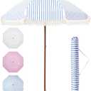 Aoxun 7ft Patio Umbrella with Fringe,Outdoor Beach Umbrella with Aluminum Pole, Ribs Push Button Tilt and Carry Bag, UV 50+ Picnic Tassel Umbrella (Blue&White)