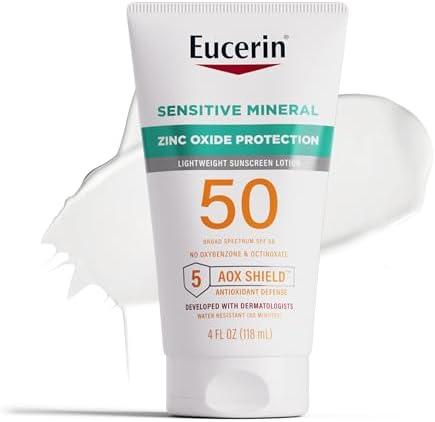 Eucerin Sun Sensitive Mineral Sunscreen Lotion SPF 50 with Zinc Oxide Protection, Hypoallergenic Sunscreen for Sensitive Skin, Oxybenzone and Octinoxate Free, 4 Fl Oz Tube