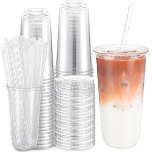 50 Set Plastic Cups with Lids and Straws, Disposable Clear Iced Coffee Cup with Lids Round Bottom Plastic Cup for Cold Beverage Drinks Juice Smoothie Coffee Party(Classic Lid,20 oz)