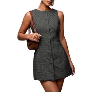SOLY HUX Women's Plaid Button Down Dress Crew Neck Sleeveless Tie Back Work Office Mini Dresses (Dark Grey Plaid)