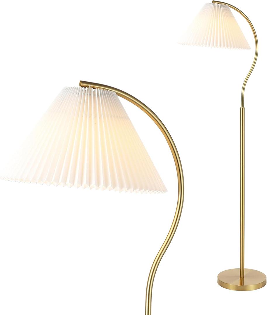 JONATHAN Y 60.5" Brass Gold Modern Glam Metal Arc Floor Lamp, Contemporary Iron Standing Light with White Pleated Fabric Shade for Living Room, LED Bulb Included JYL1148A