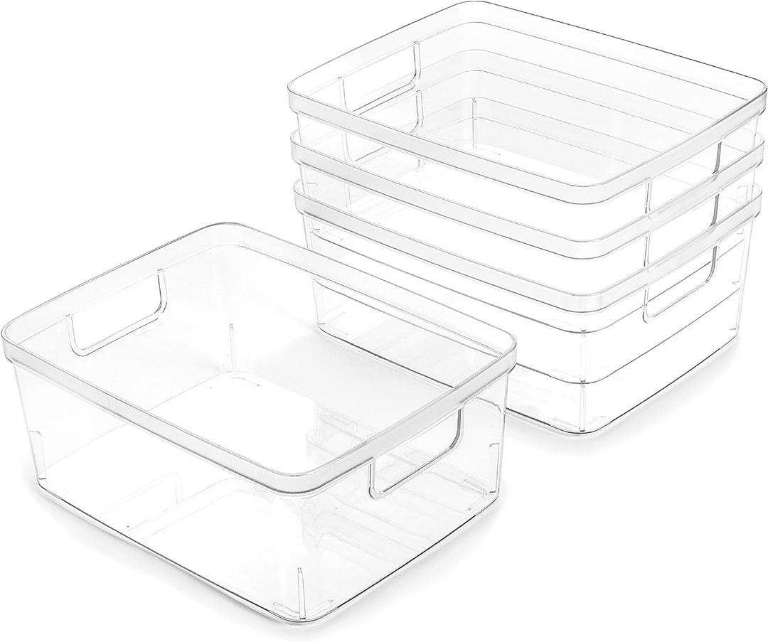BINO Plastic Storage Containers, Small - 4 Pack THE LUCID COLLECTION, Multi-Use Organizer Bins Built-In Handles BPA-Free Clear, Fridge, Pantry & Home Organization