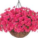 Artificial Fake Hanging Flowers Plants Baskets for Outdoors Spring Summer Decor, Faux Silk Morning Glory in Planter UV Resistant Realistic for Outside Porch Patio Balcony Garden Yard Home, Hotpink