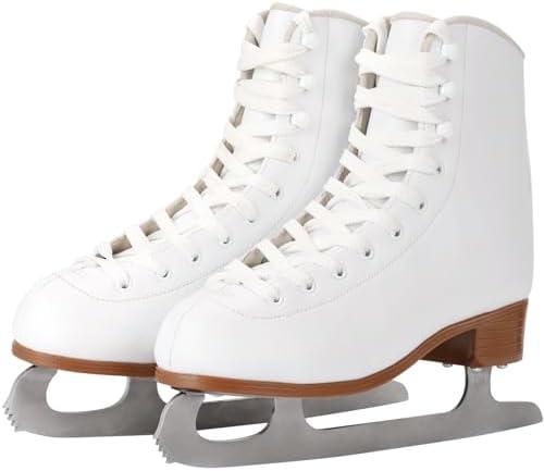 AhmyLion Figure Ice Skates for Beginners - White Comfortable Leather Ice Skates for Women, Men, Boys & Girls (Size Up 1 Size) (White, Womens Size-8/Mens Size 6.5)