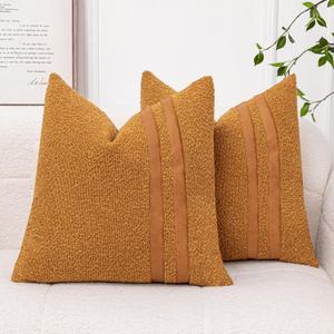 18x18 Textured Throw Pillow Covers Set of 2 Boucle Accent Pillow Cases with Faux Leather Striped Square Cushion Cover for Bed Couch Sofa Living Room Home Decor,Orange Brown