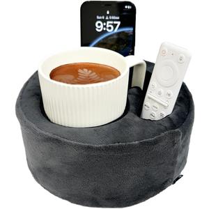Couch Cup Holder Pillow, Sofa and Bed Organizer Caddy for Drinks, Remotes, Phones (Gray)