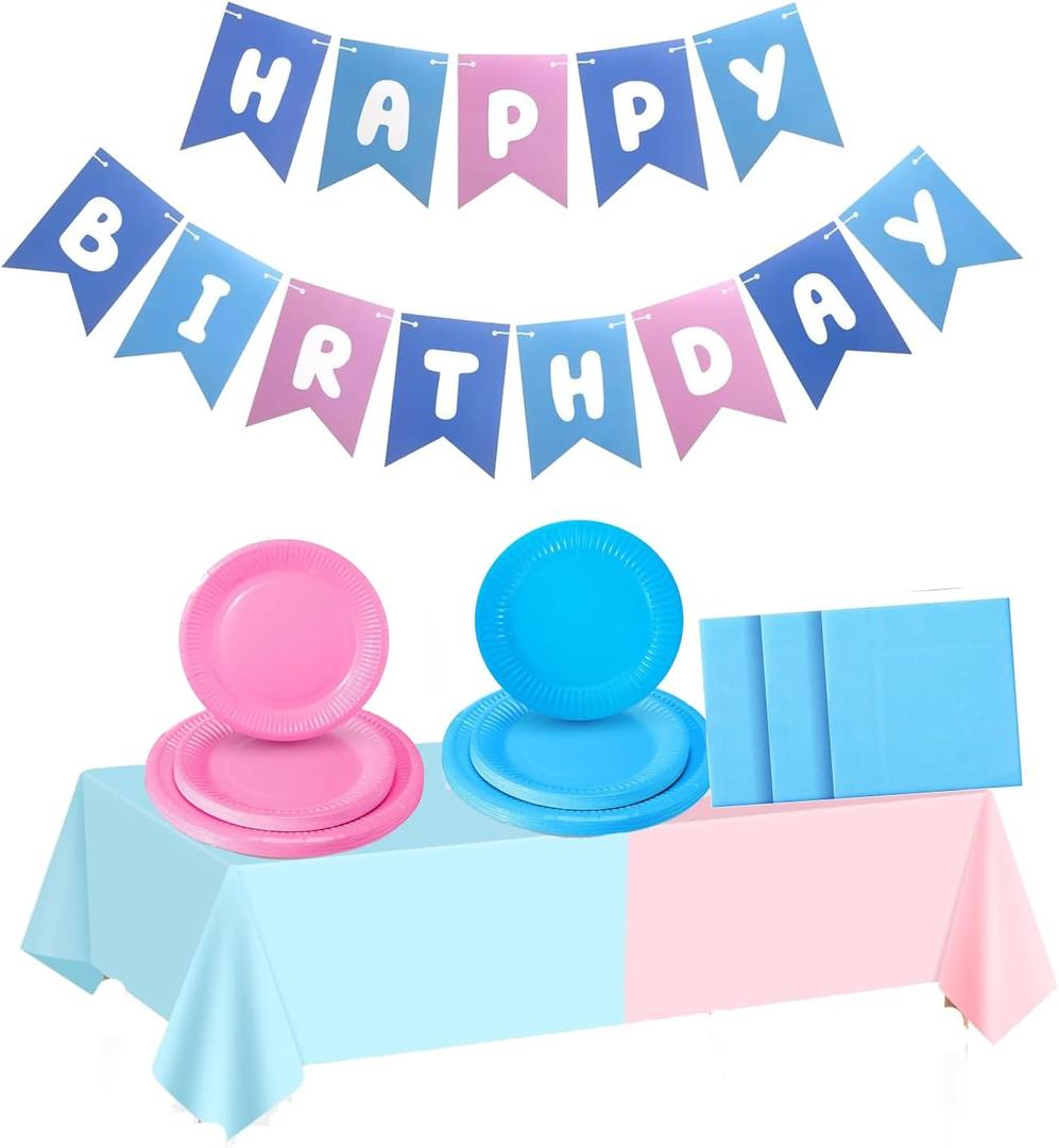 Blue and Pink Party Birthday Supplies, Colorful Party Tableware with Happy Birthday Banner, Tablecloth, Disposable 7" and 9" Paper Plates with Napkins for Fans Party Supplies Decorations
