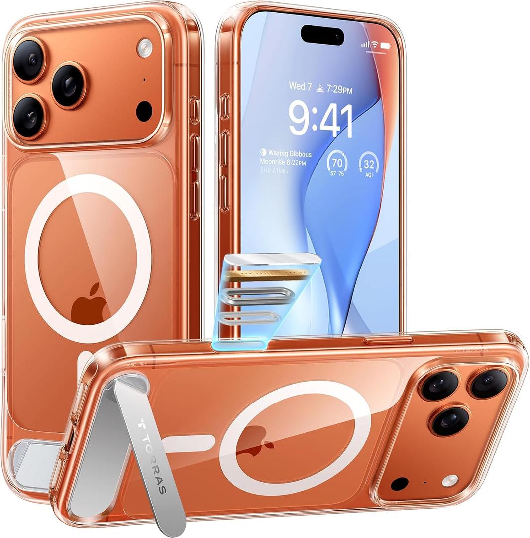 TORRAS Strong Magnetic & Seamless Stand for iPhone 17 Pro Case, Fit for MagSafe, Militray Grade Protection, Camera Control, Built-in Kickstand Slim Case for iPhone 17 Pro Cover, Anti-Yellowing Clear