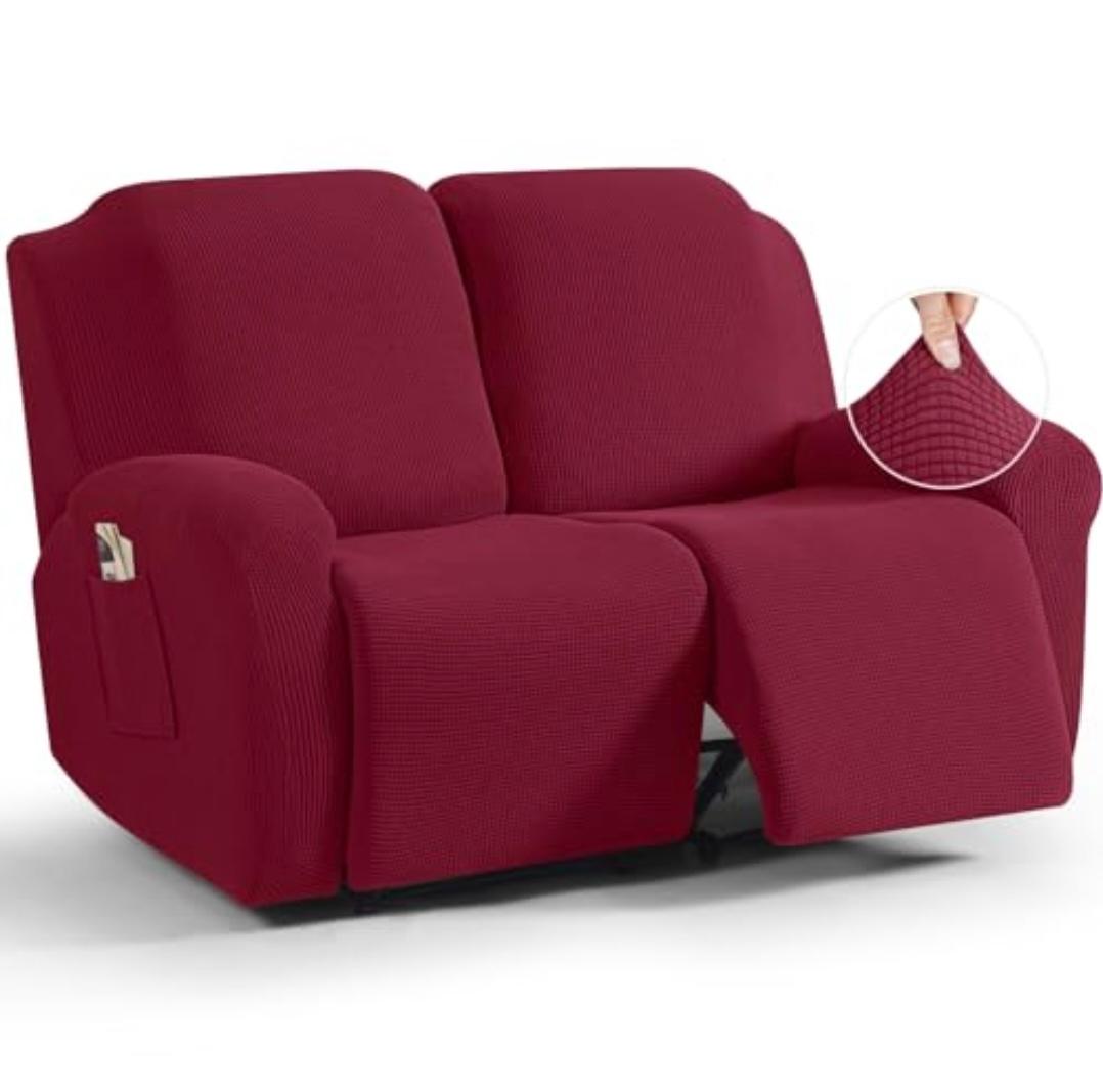 TAOCOCO Recliner Loveseat Slipcover, 6 Pieces Dual Recliner Sofa Covers for 2 Seat Dual Reclining Loveseat Couch, Stretch Soft Jacquard Pattern Furniture Protector with Elasticity (Burgundy)