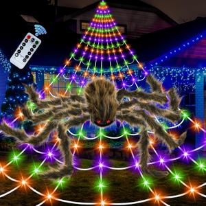 Halloween Spider Web Lights Giant Spider, 16.4Ft 450 LED Lighted Spider Web with with 8 Lighting Modes Waterproof & Timer for Indoor Outdoor House Haunted Yard Decor, Purple & Orange & Green