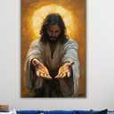 Framed Jesus Canvas Wall Art Jesus Gold Halo Wall Decor Picture Christian Poster Painting Decoration Unique Print Wall Decor Living Room Bedroom Church Home Decor 16x24 Inch Ready to Hang