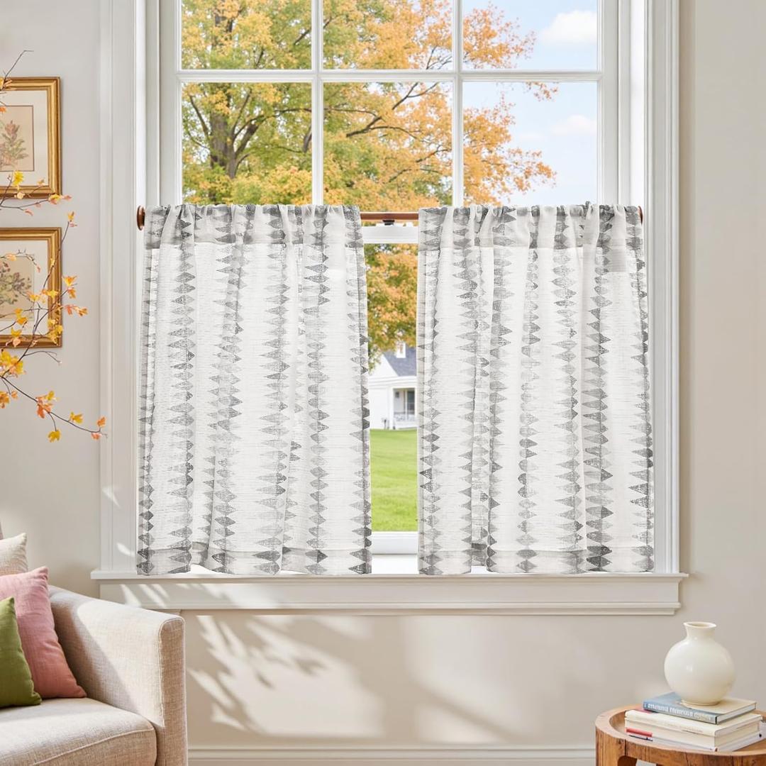 jinchan Boho Kitchen Curtains for Windows Light Filtering Poly Linen Cafe Curtains 24 Inch Rod Pocket - Mudcloth Print 2 Panels Farmhouse Window Treatments for Bathroom Laundry RV Grey on Linen