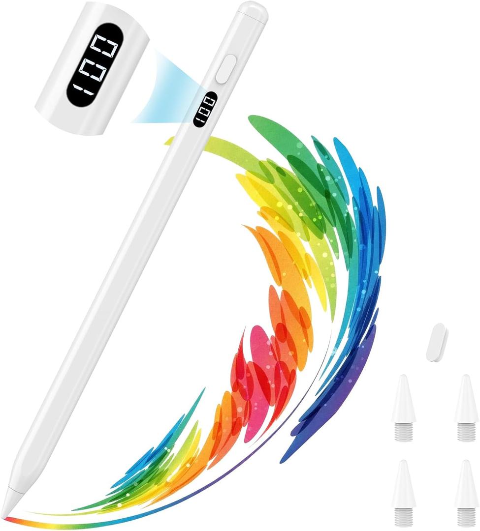 MoKo Stylus Pen for iPad 2018-2025, USB-C Fast Charging Pencil with LED Power Display Tilt Sensitivity for Apple iPad A16/11/10/9/8/7/6, Air 7/6/5/4/3/M3/M2, Pro 13"/12.9"/11"/M4, Mini 7/6/5, White