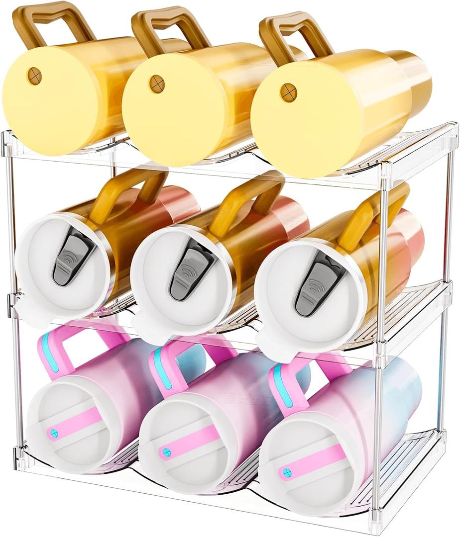 Stackable Water Bottle Organizer for Cabinet, 3 Pack Water Bottle Holder for Stanley Yeti 40 oz Bottle Shelf, Clear Tumbler Storage Organizer, Wine Rack, Cup Organizer for Kitchen Cabinets Counter Pantry