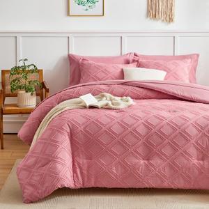 7 Pieces Tufted Bed in a Bag King Comforter Set with Sheets Pink, Soft and Embroidery Shabby Chic Boho Bohemian, Luxury Solid Color with Diamond Pattern, Jacquard Tufts Bedding Set for All Season