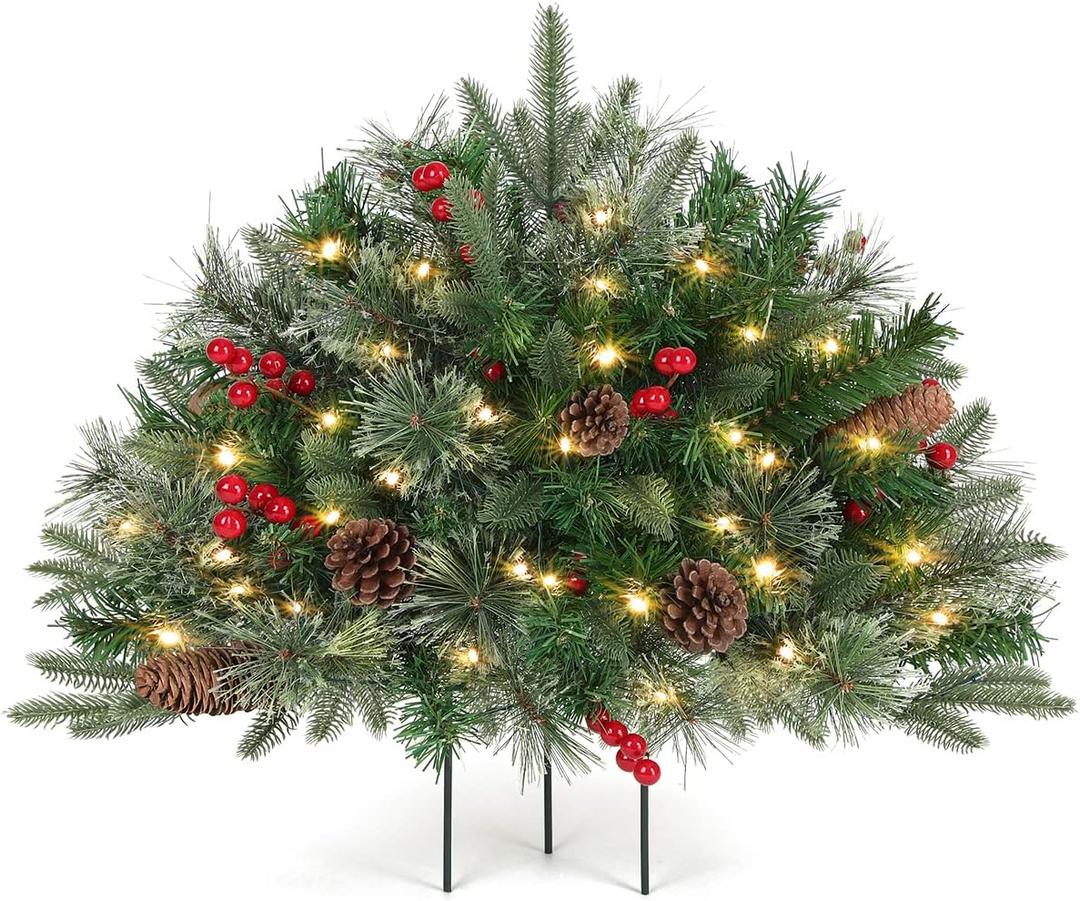 Outdoor Christmas Tree Frosted Urn Filler, Pre-lit Artificial Xmas Tree with LED Lights, 18 Inch Small Christmas Tree with Cones & Red Berries (1ft 6in, Green & Warm Light)