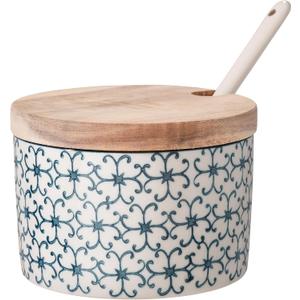 Nordring Sugar Bowl Kristina with Bamboo Lid and Spoon, 9 Oz Jar for Salt, jam, Mustard, Blue, Stoneware, Handmade Stamp Decor