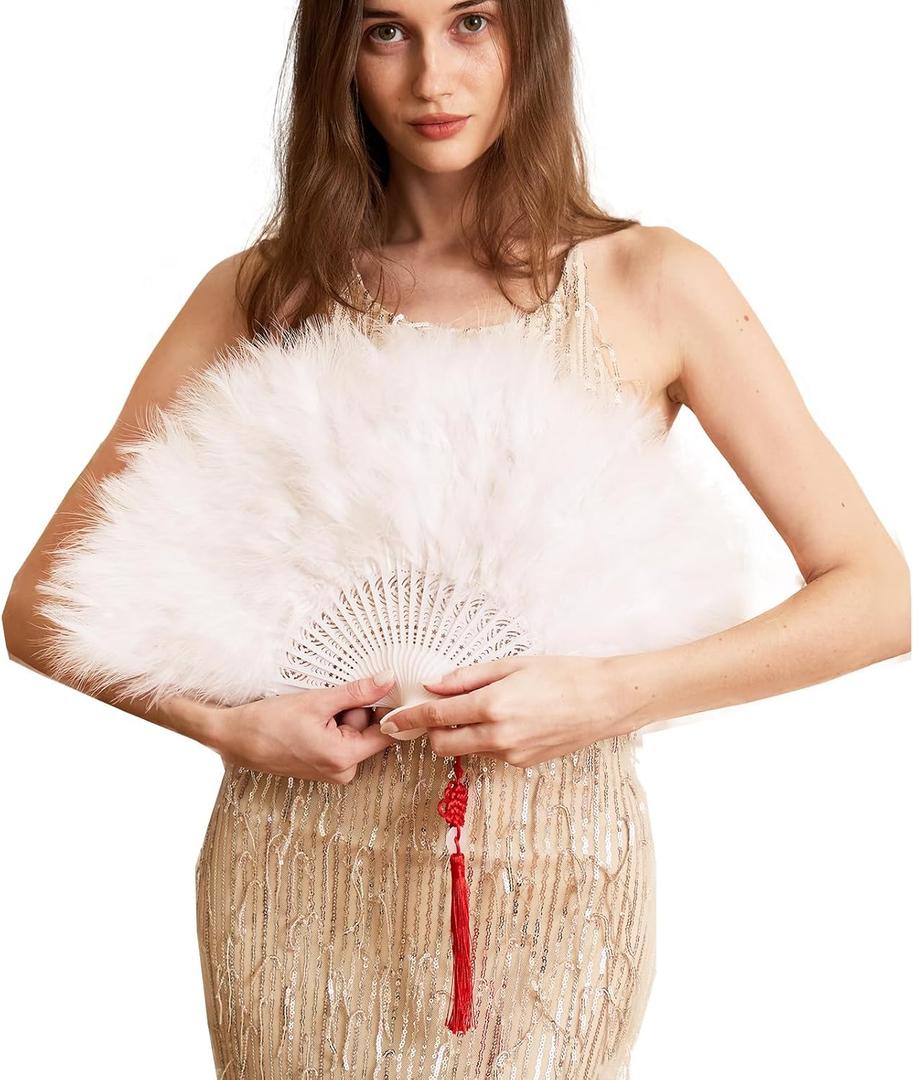 Happy Feather Handheld Marabou Feather Fan, 1920s Vintage Style Flapper Hand Fan for Costume Party and Dancing-WHITE