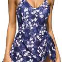 SHEKINI Women's Tummy Control One Piece Swimdress Drawstring Bathing Suits V Neck Swimwear（Blue-Printing, Large）