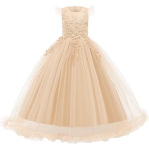 Girls Lace Pageant Party Dress Wedding Flower Girl Maxi Gowns Flower A Line Birthday Dance Evening Tulle Floor Length Skirt Champagne 7-8 Years
