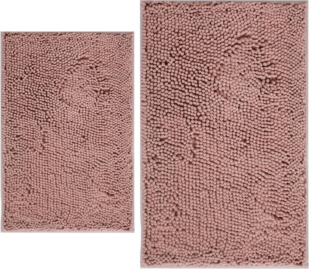 BOANKODU Bathroom Rugs Sets 2 Piece, Extra Soft Chenille Bath Mat Absorbent Bathroom Rug, Bathroom Mat with Sturdy PVC Non-Slip Bottom, Machine Washable Bath Rugs (32x20 Inch + 24x16 Inch, Deep Pink)